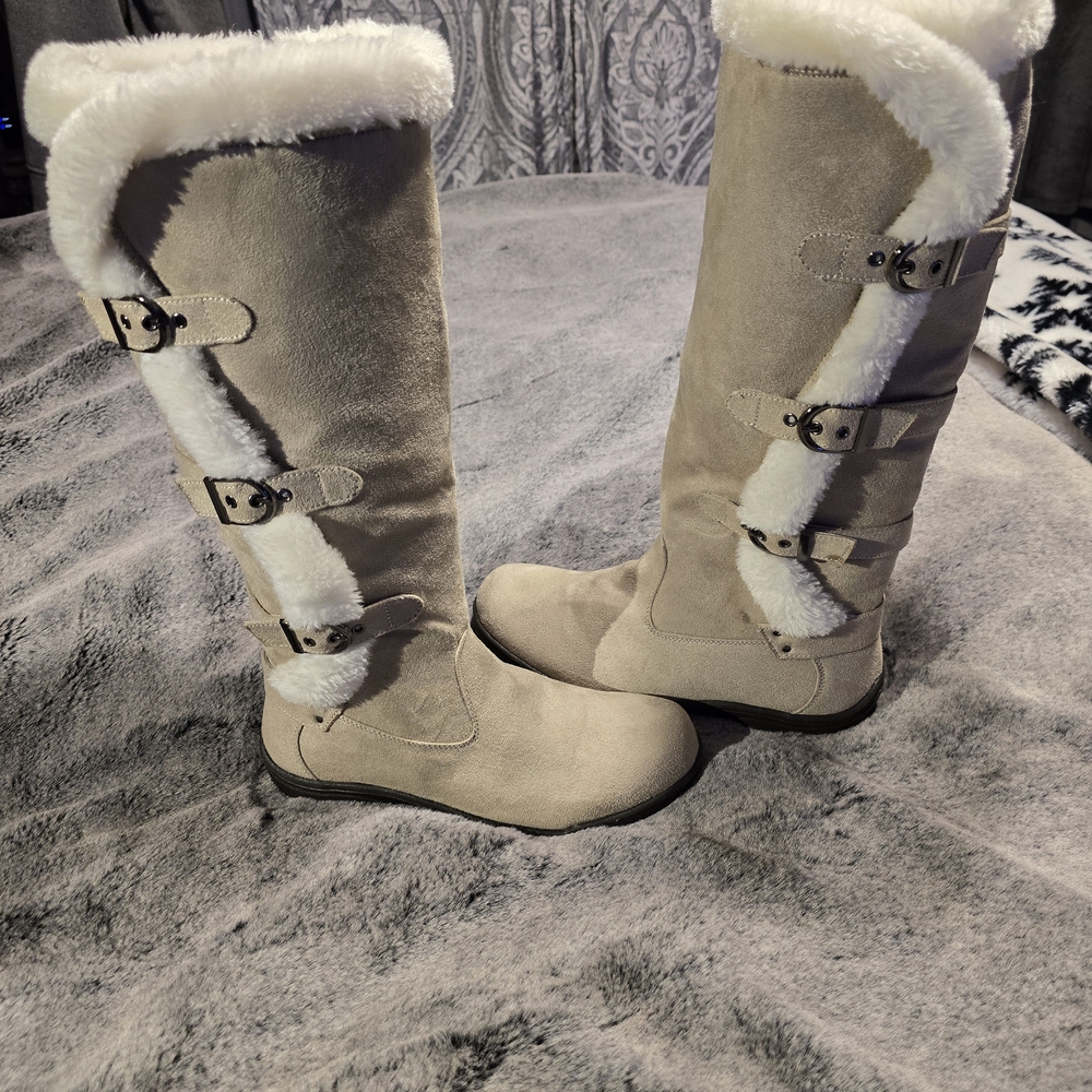 Faux Fur Lined Suede Boots with Buckles